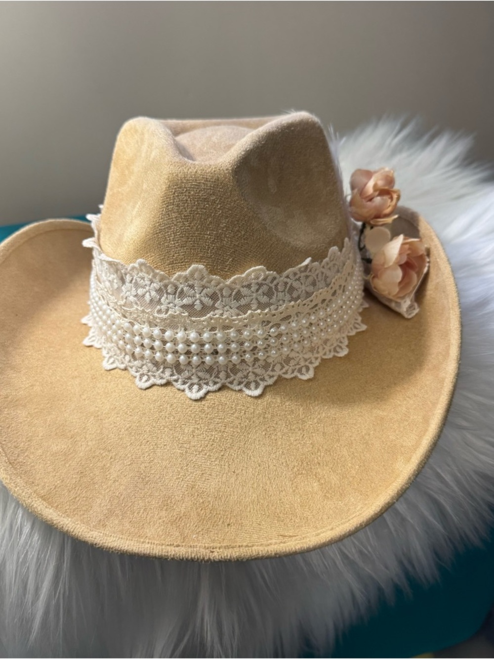 Beaded Lace Trim Tan Wide-Brim Cowboy Hat